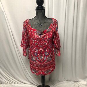 Verse Boho Blouse Womens Size Large Red Blue Floral On or Off Shoulder Top USA